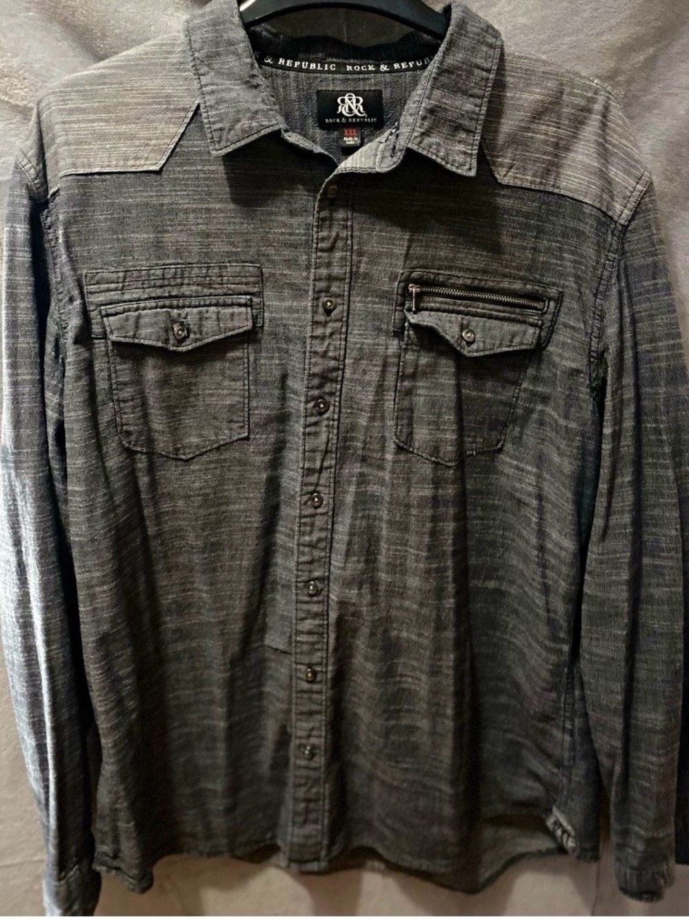 Rock & Republic Men’s 2XL Rugged Charcoal Gray Slub Textured Button Down Shirt